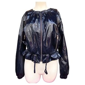 DKNY Blue Faux‑Leather Drawstring Bomber Jacket XS NWT